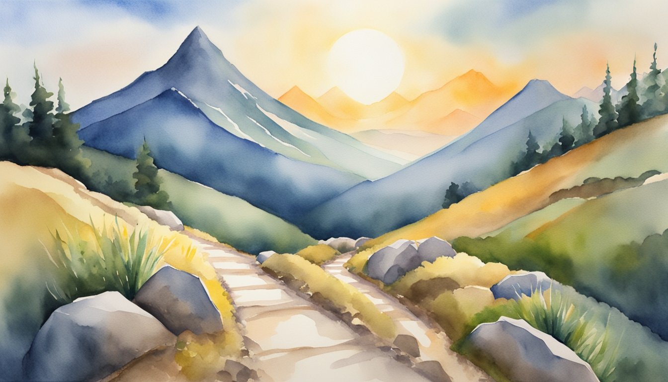 A mountain peak looms ahead, representing the challenge overcome.</p><p>A winding path leads to the top, symbolizing the journey.</p><p>The sun shines brightly, signifying success