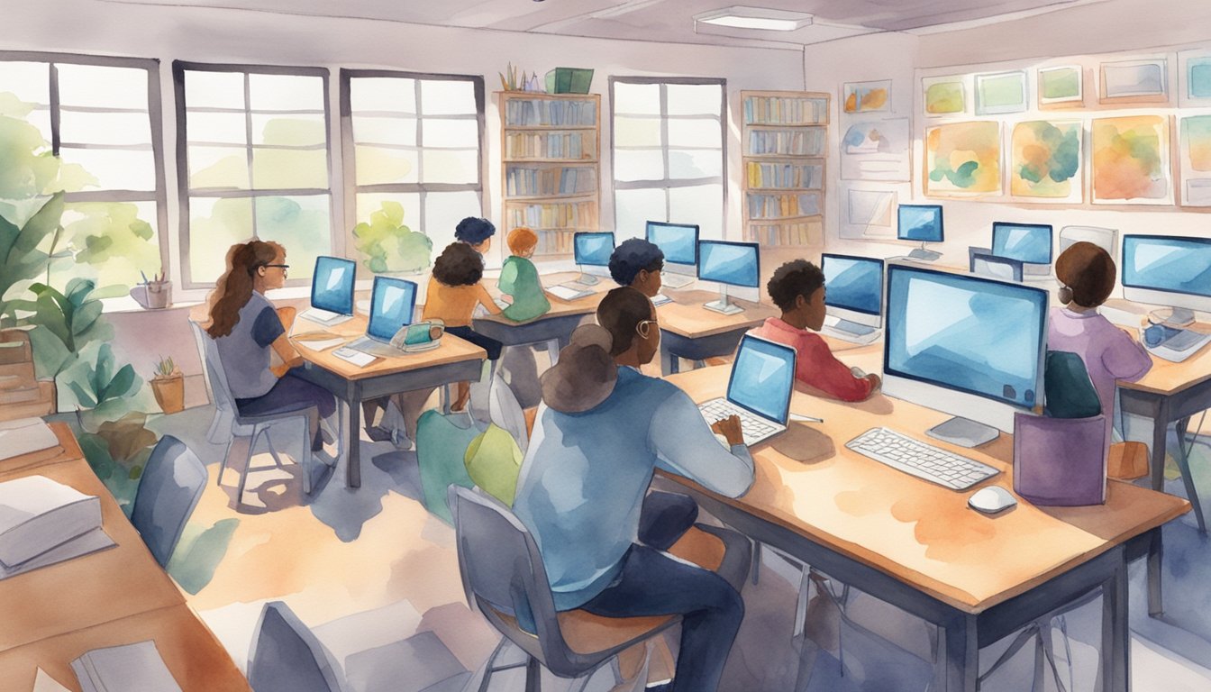 A classroom with students listening to a podcast on their laptops, with headphones on, and engaged in the content.</p><p>Books and educational materials are scattered around the room