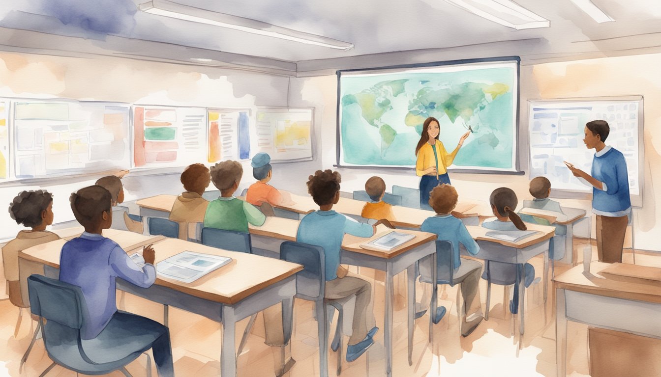 A classroom with students listening to educational podcasts on their devices, while a teacher points to a list of recommended podcasts on a whiteboard