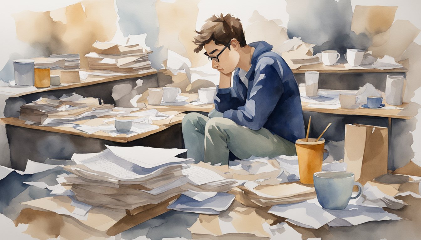 An artist sits hunched over a cluttered desk, surrounded by crumpled papers and empty coffee cups.</p><p>A look of frustration is evident on their face as they struggle to find inspiration for their college essay