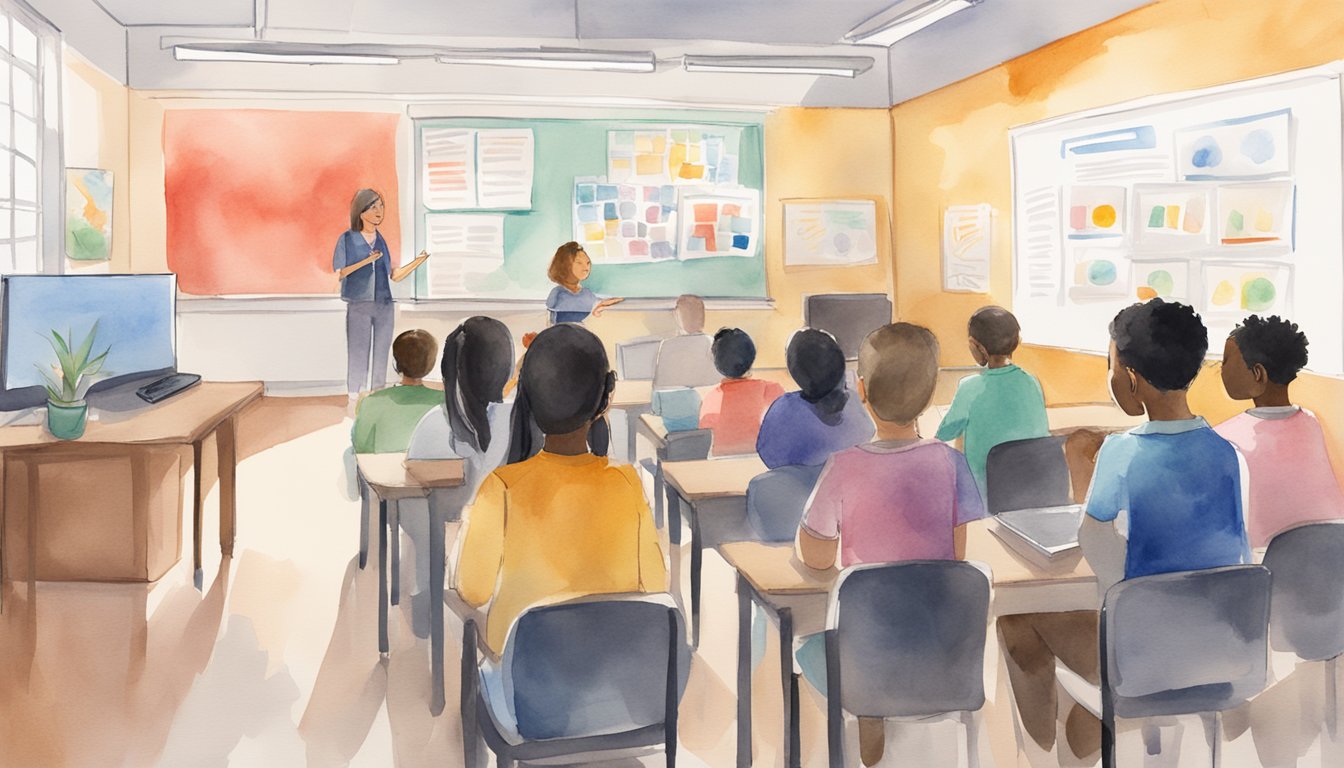 A classroom setting with students listening to a podcast on their devices, while a teacher stands at the front of the room with a TED Talks Daily poster on the wall