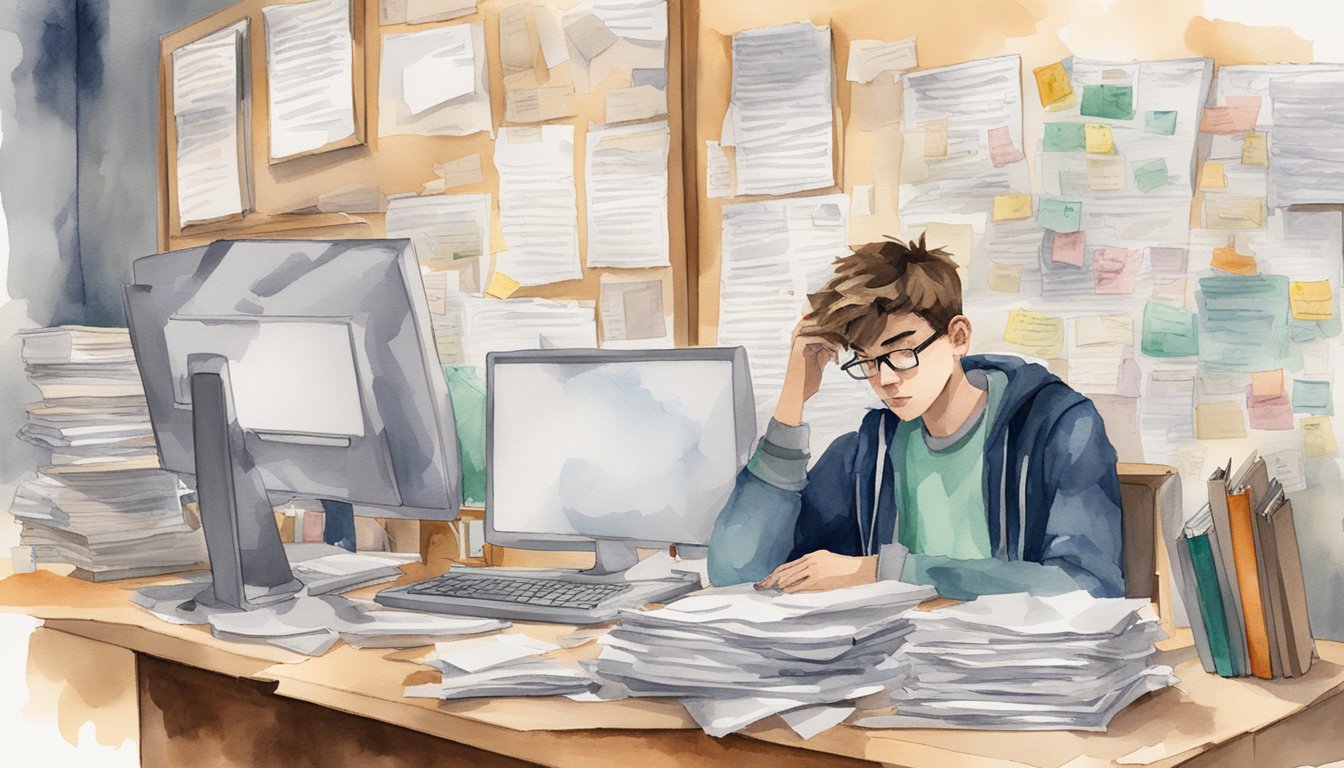 A cluttered desk with crumpled papers and a frustrated student staring at a blank computer screen.</p><p>A list of "10 College Essay Topics to Avoid" is taped to the wall