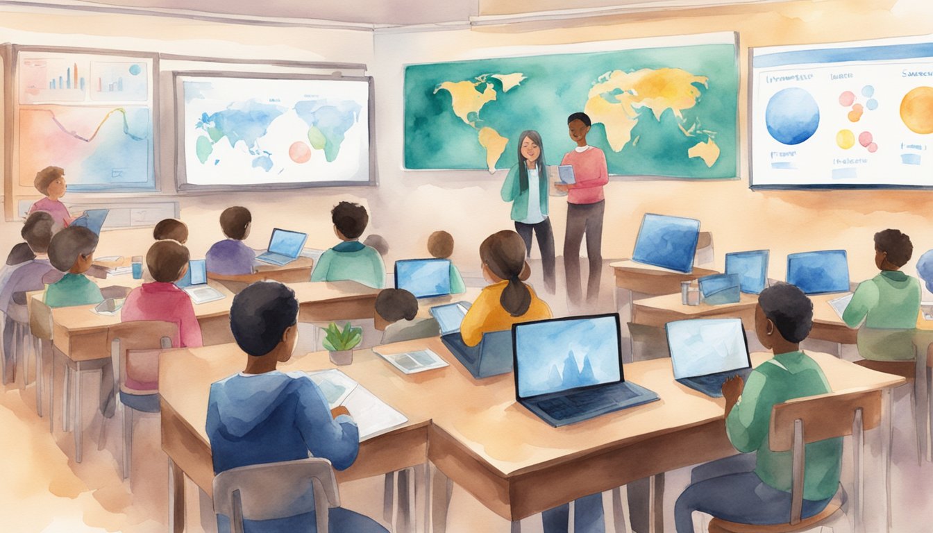 A classroom setting with students listening to various educational podcasts on their devices, with science-related visuals and diagrams displayed on a screen