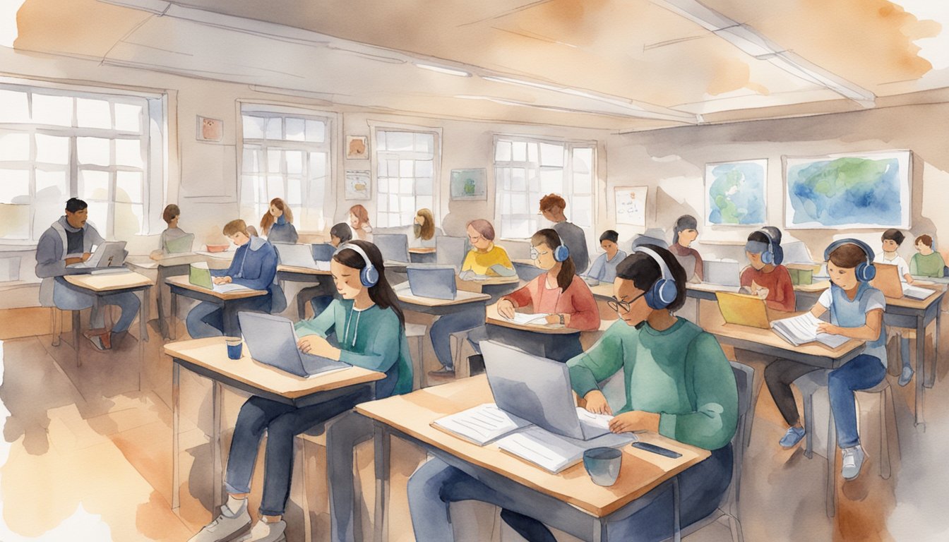 A classroom with students wearing headphones, listening to Radiolab podcasts on their devices while taking notes and discussing the content