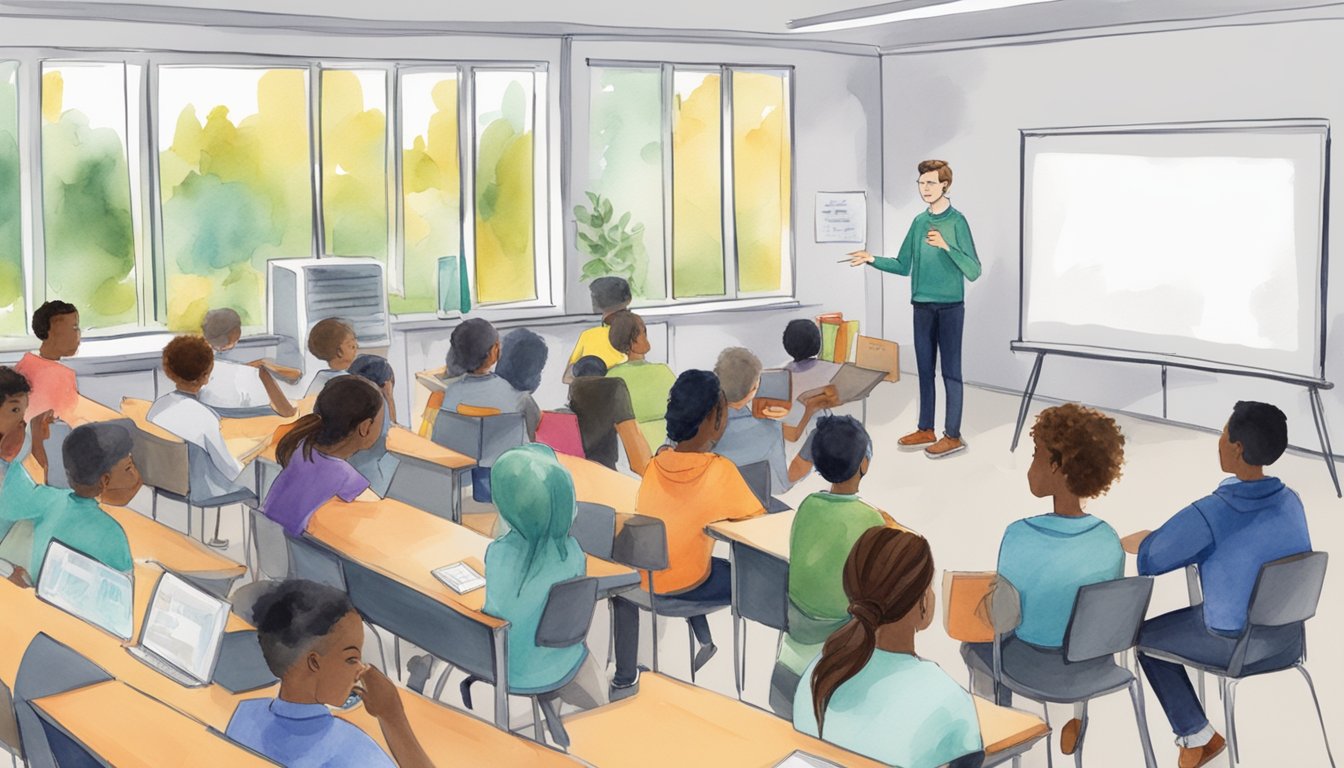 A classroom with students listening to a podcast, with headphones on and engaged expressions, while a teacher stands at the front of the room, pointing to a whiteboard with the title "Freakonomics Radio 10 Educational Podcasts for Students."