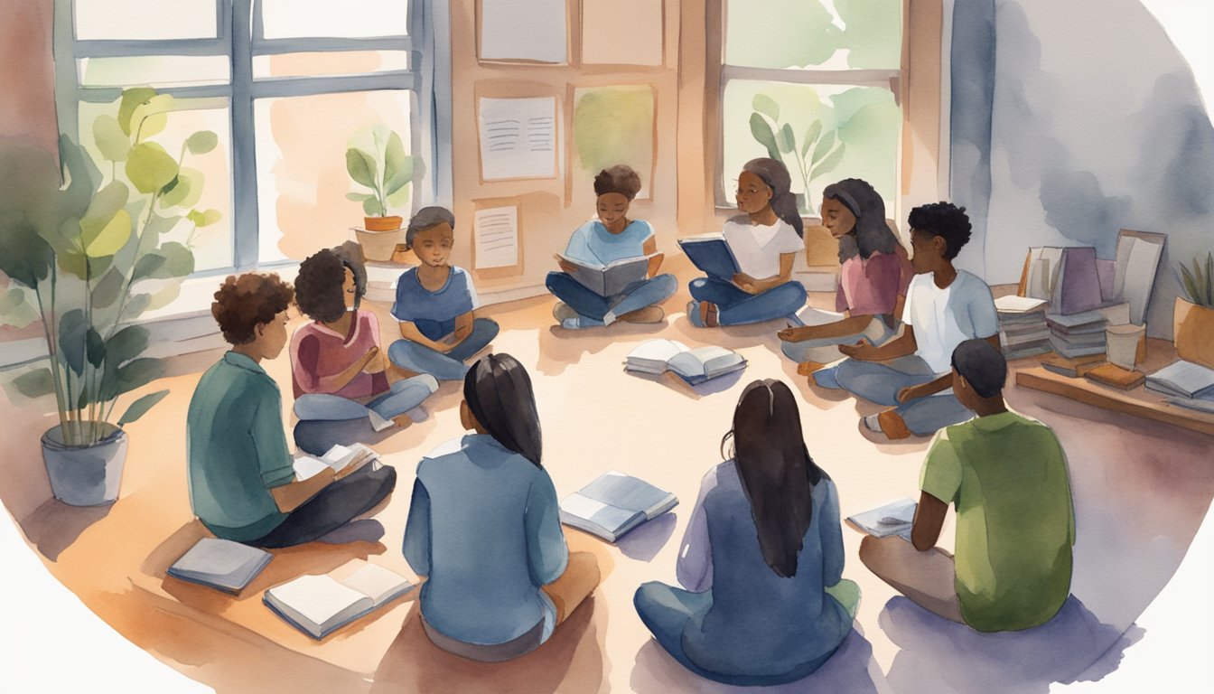 A group of students sit in a circle, listening intently to a podcast.</p><p>Books and notebooks are scattered around them, as they engage in deep discussion and take notes