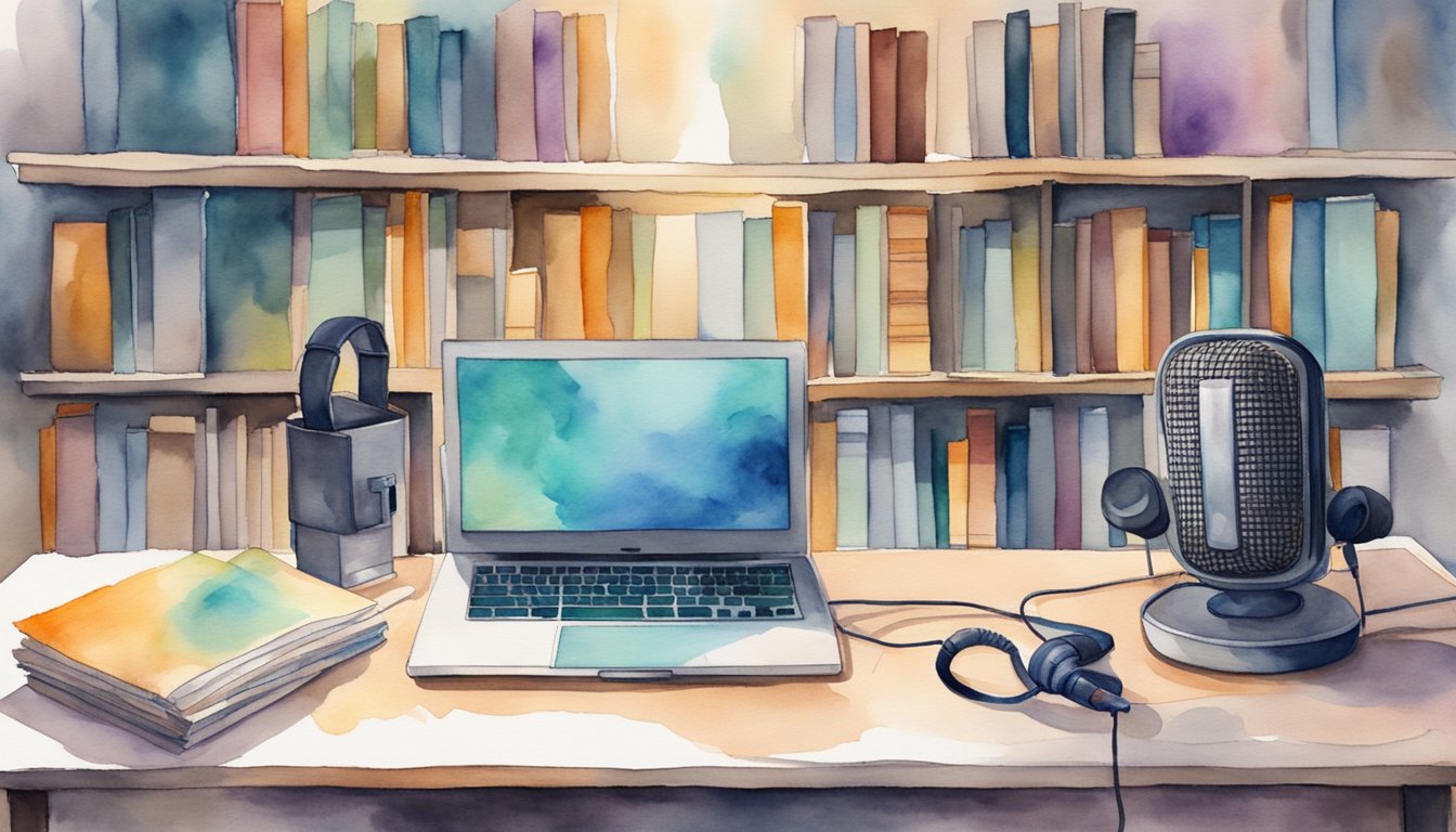 A microphone surrounded by books and a laptop, with headphones plugged in, ready to record a podcast