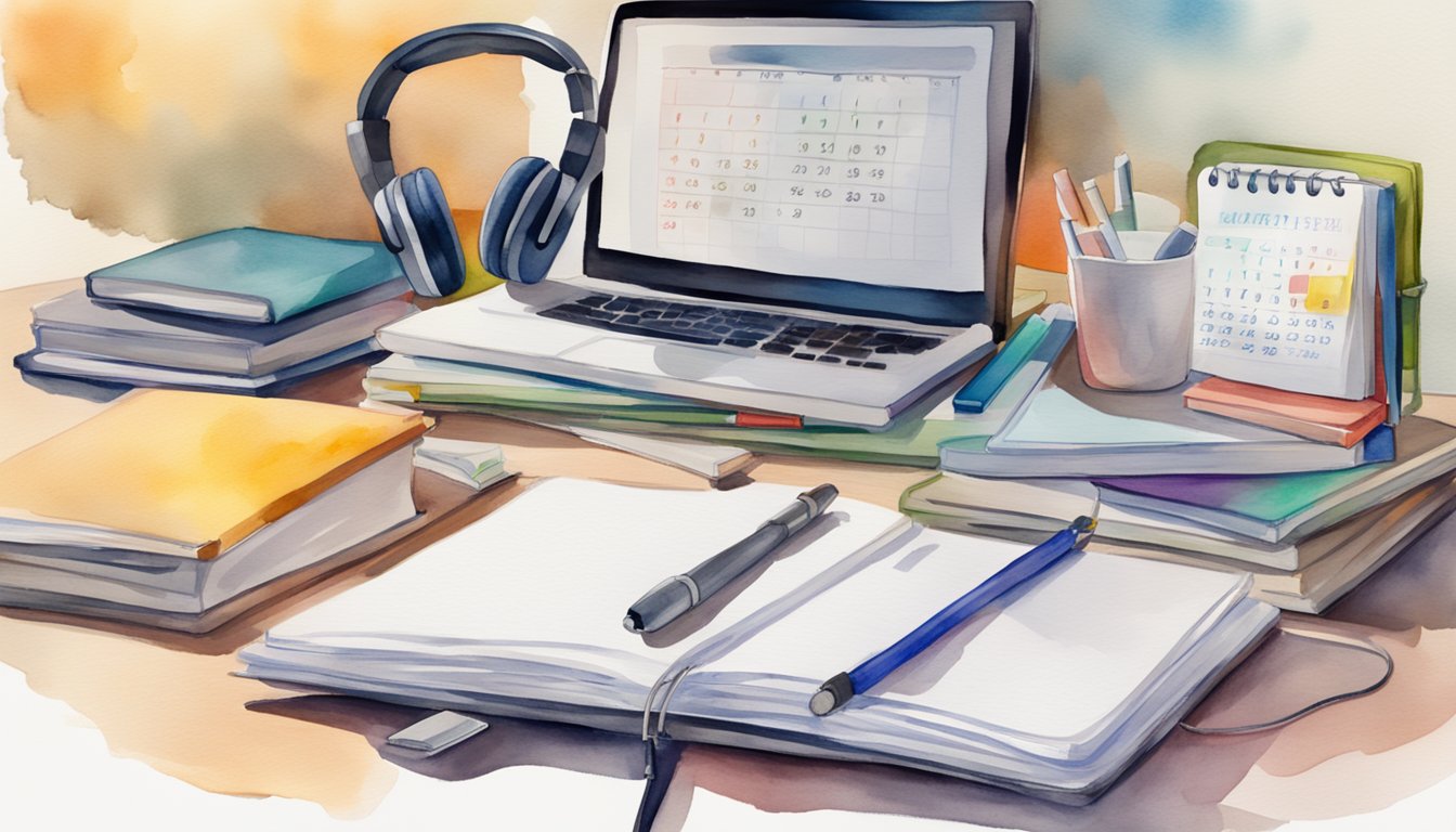 A stack of textbooks and a laptop on a desk with headphones plugged in.</p><p>A calendar with dates circled and a notebook with colorful tabs