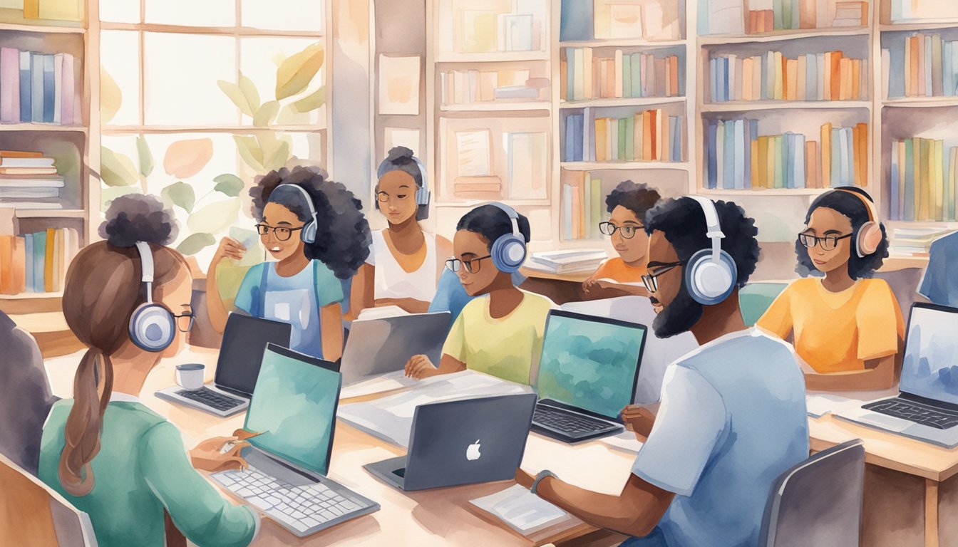 Students wearing headphones, surrounded by books and laptops, listening to educational podcasts.</p><p>Titles of podcasts displayed on screen.</p><p>Educational charts and graphs in the background