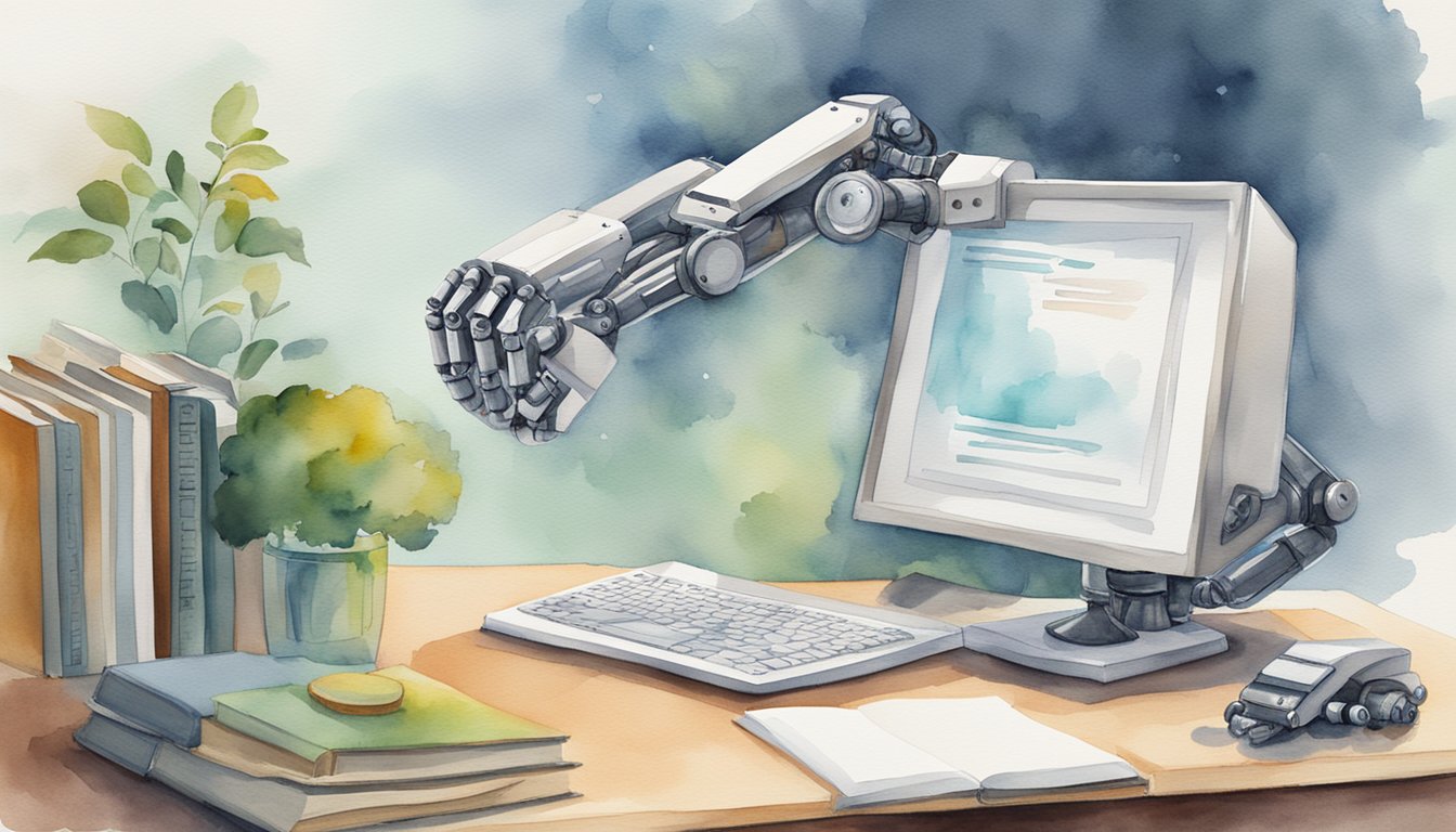 A computer with a robotic arm, a book titled "Artificial Intelligence for Robotics," and a list of 10 free online courses