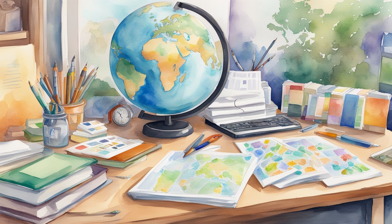 Various language learning tools scattered on a desk, including flashcards, textbooks, online apps, and audio CDs.</p><p>A globe and a world map are also visible in the background