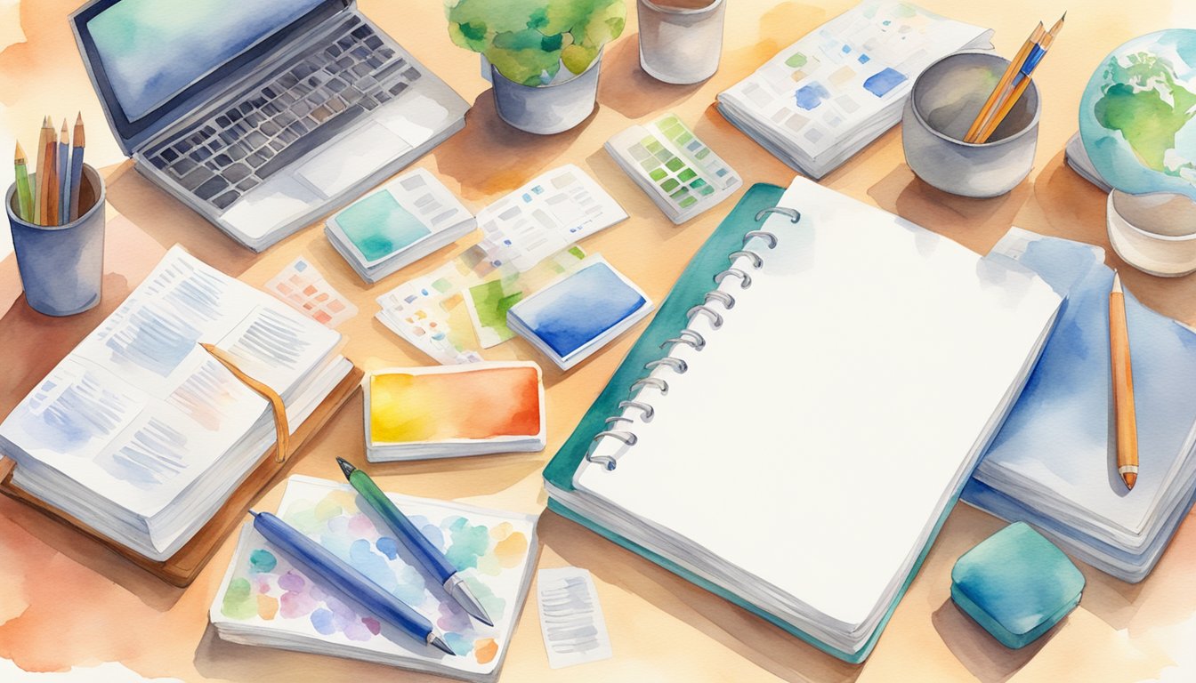 Various language learning tools scattered on a desk, including flashcards, textbooks, online apps, and a notebook with vocabulary lists