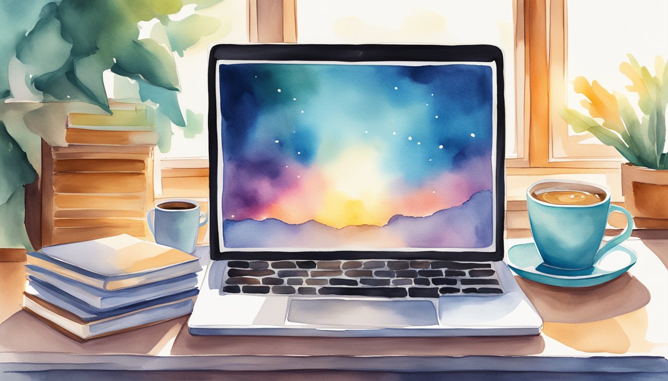 A laptop surrounded by open books and a cup of coffee.</p><p>A vibrant online course platform displayed on the screen.</p><p>Rays of sunlight streaming in through the window