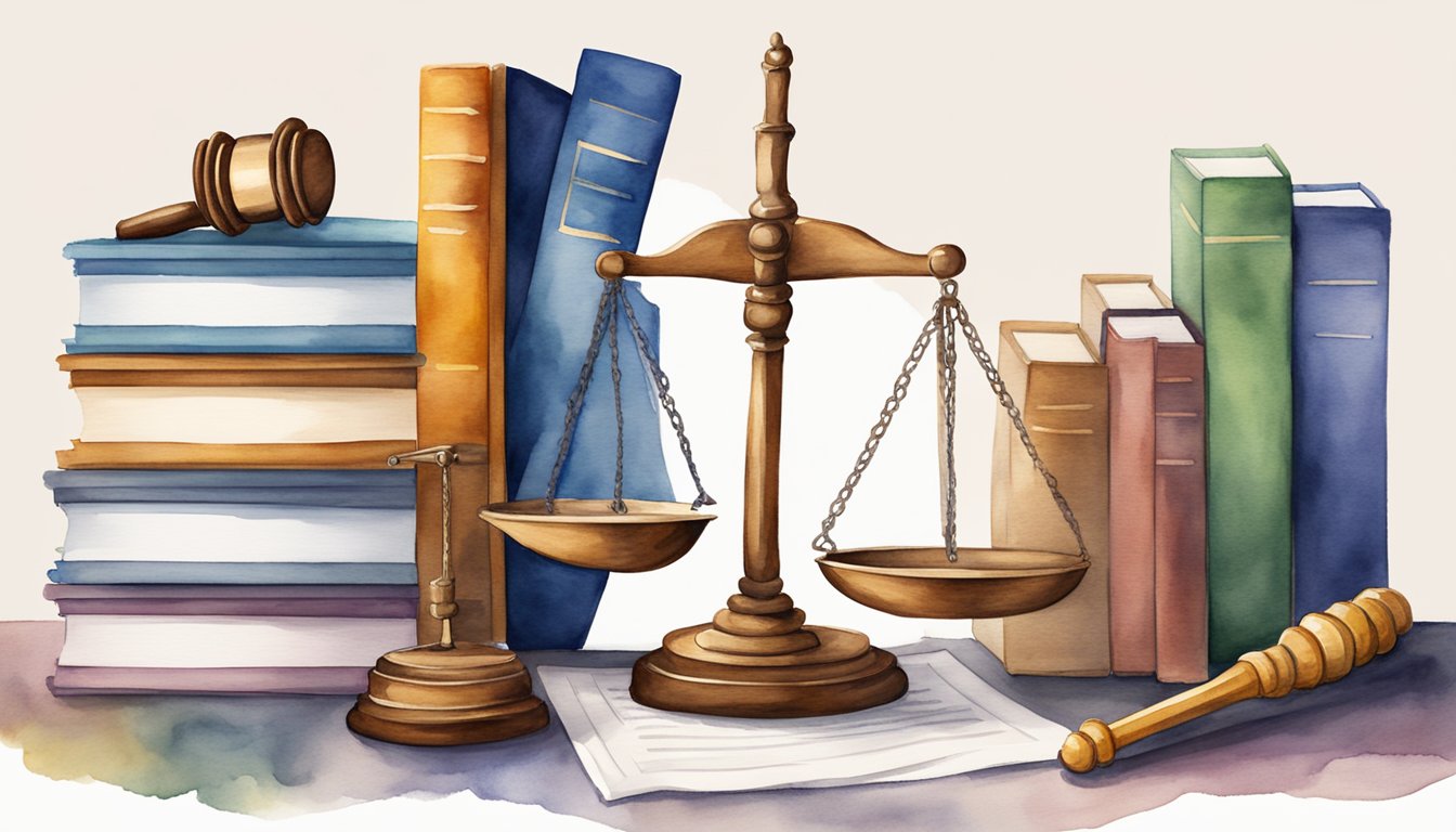 A scale representing real estate law with a gavel, law books, and a contract on a desk, symbolizing high-paying job opportunities in the field