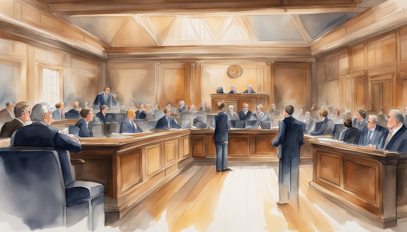 A courtroom with a judge presiding over a securities law case.</p><p>Lawyers present evidence and argue their points.</p><p>The atmosphere is tense and professional