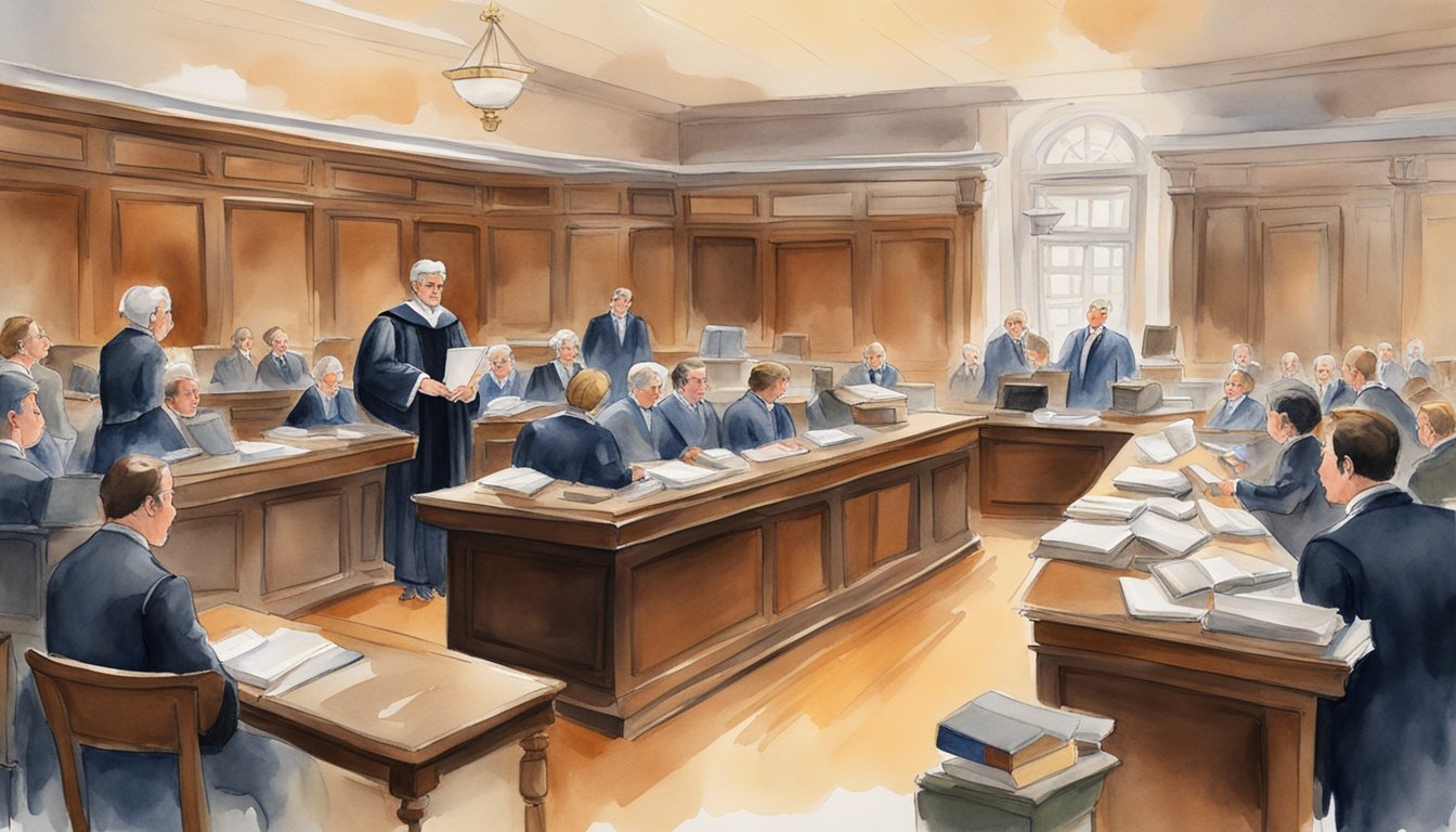 A courtroom with a judge presiding over a case involving antitrust law.</p><p>Lawyers argue their points while a jury listens intently.</p><p>Books and legal documents are scattered on the tables