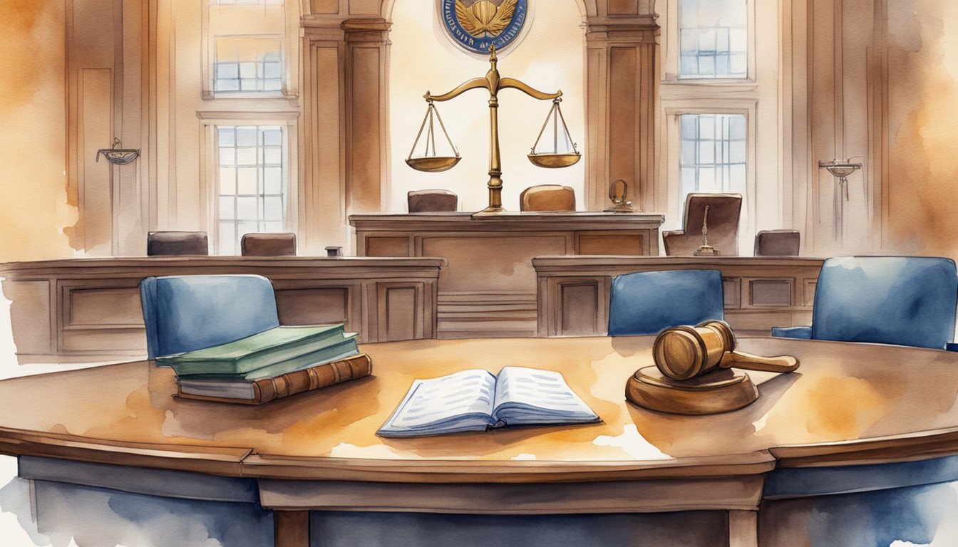 A courtroom with various law symbols and scales of justice, showcasing 10 specialized fields such as corporate law, intellectual property, and tax law