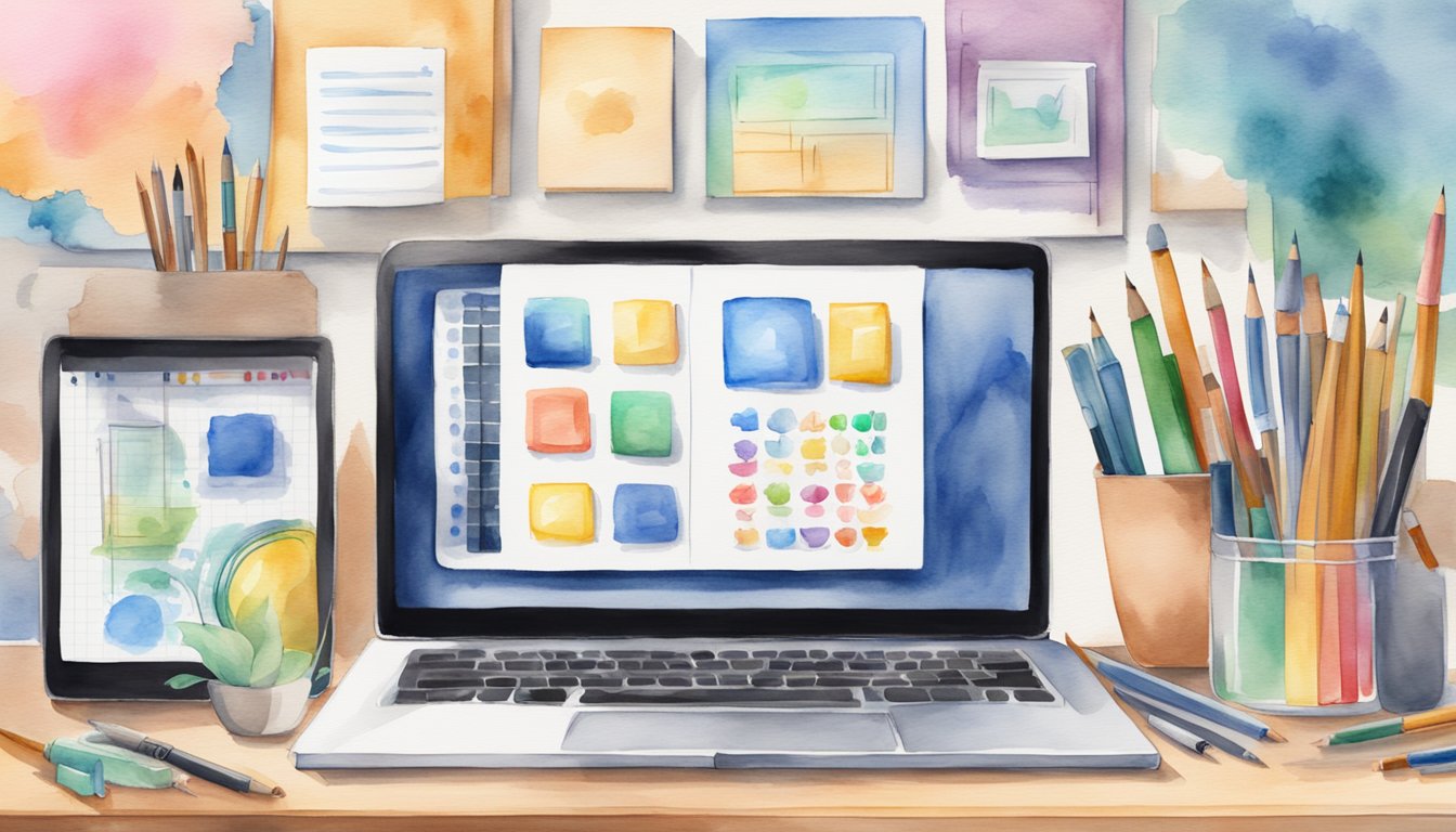 A computer screen displaying 10 MasterClass course icons, surrounded by art supplies and a notebook