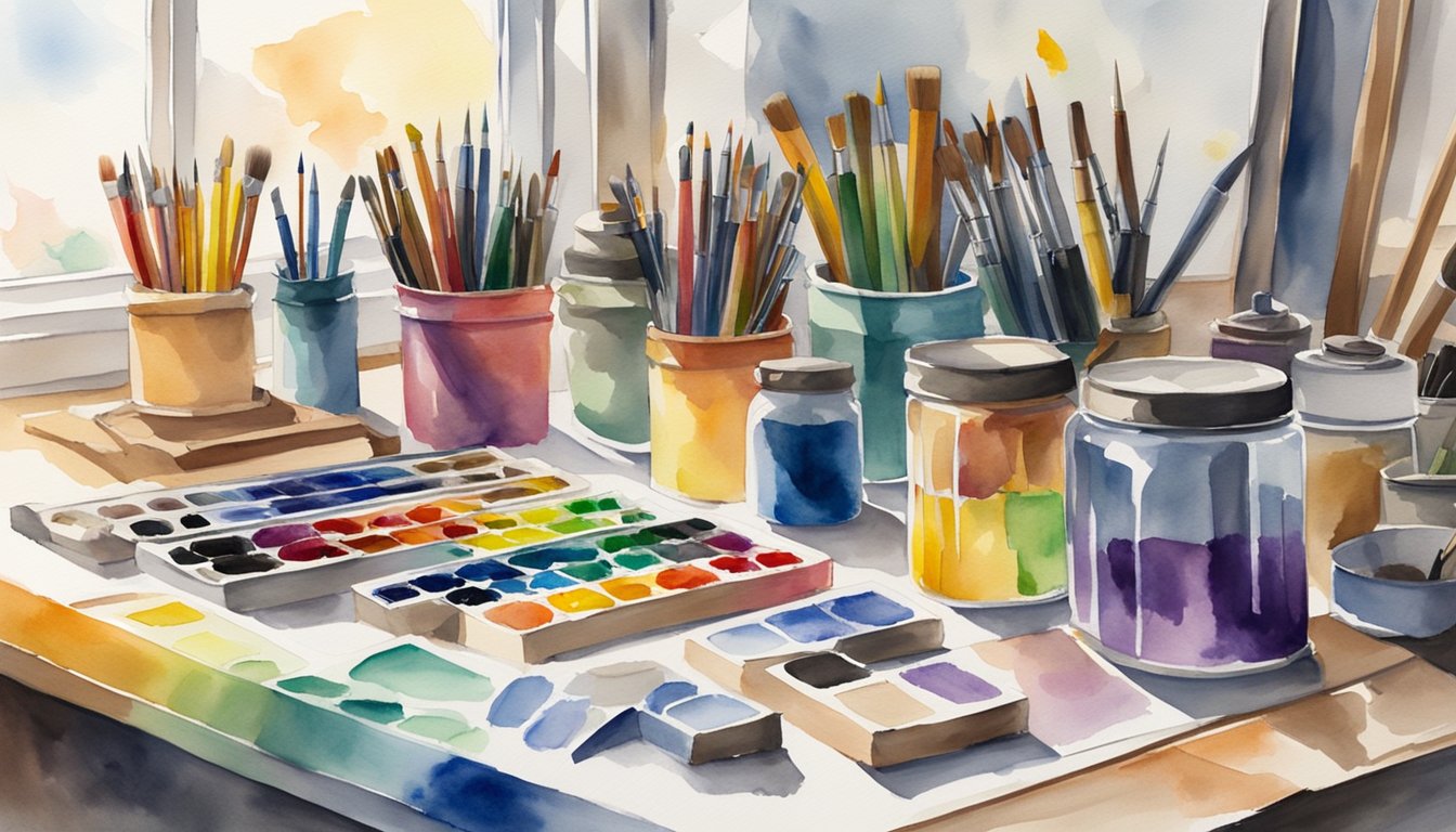 A colorful array of art supplies and tools arranged neatly on a clean, organized desk in a well-lit studio space