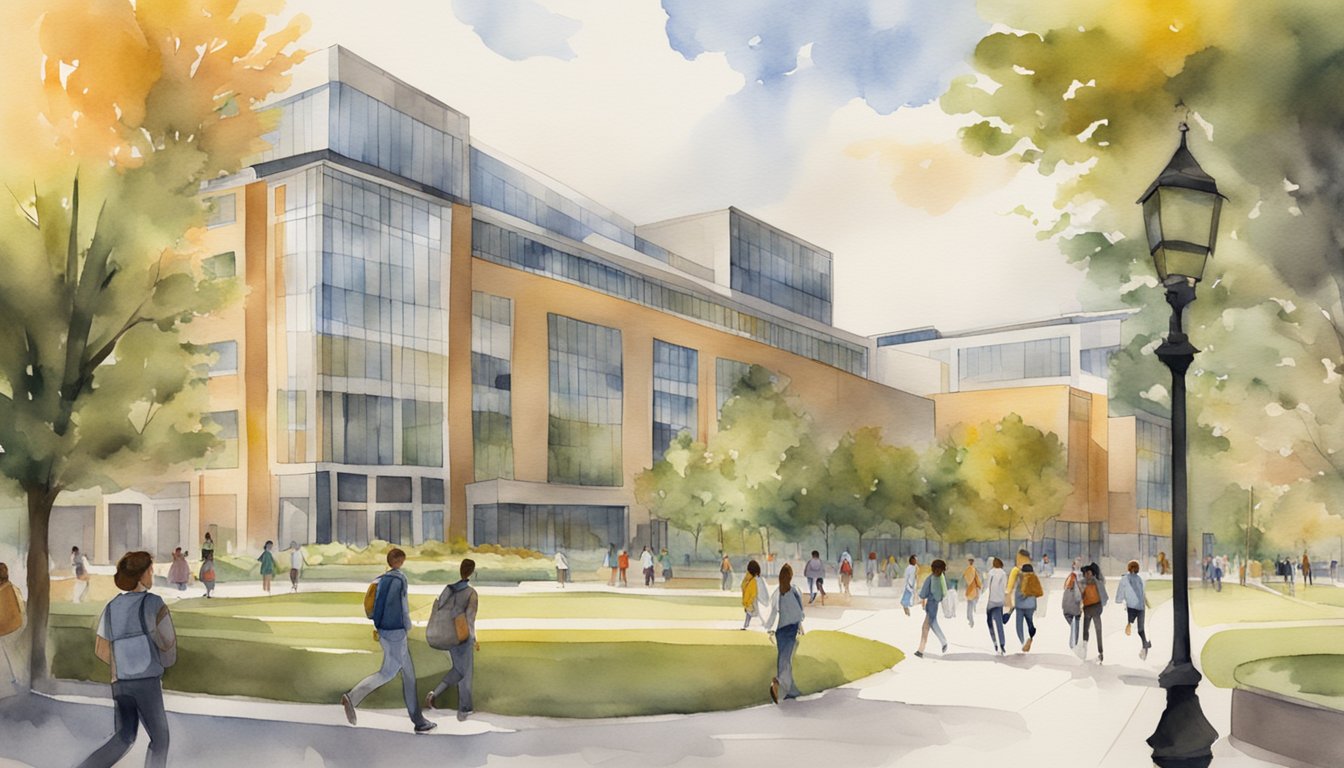 A bustling campus with modern buildings and students walking to class.</p><p>The Purdue University Global logo prominently displayed on signs and banners