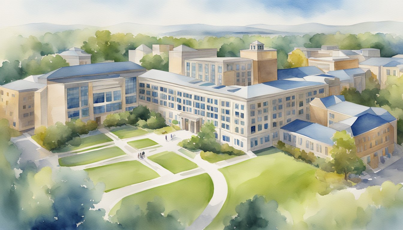 The scene shows American Public University's logo surrounded by 10 online college buildings, with a sense of speed and progress