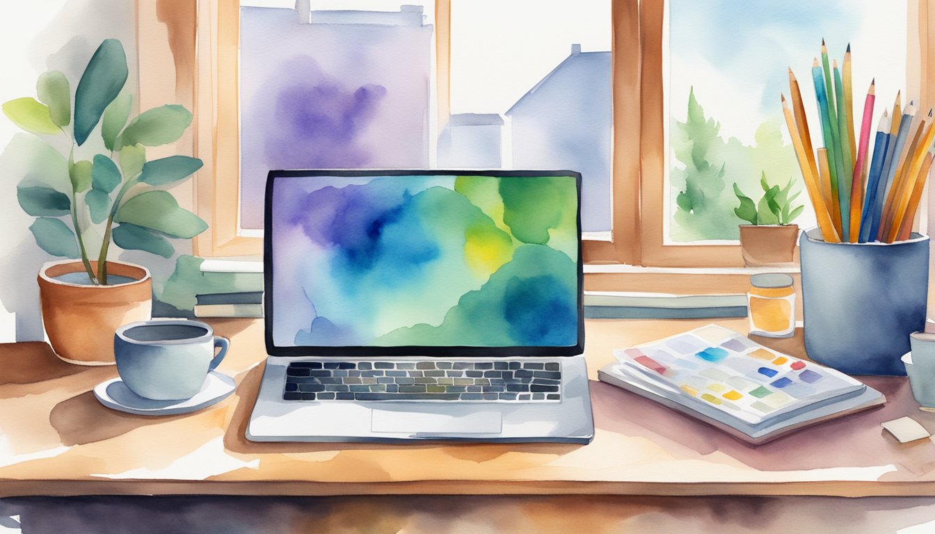 A laptop surrounded by art supplies, books, and a notepad, with a bright window in the background, symbolizing the benefits of online learning for creative professionals