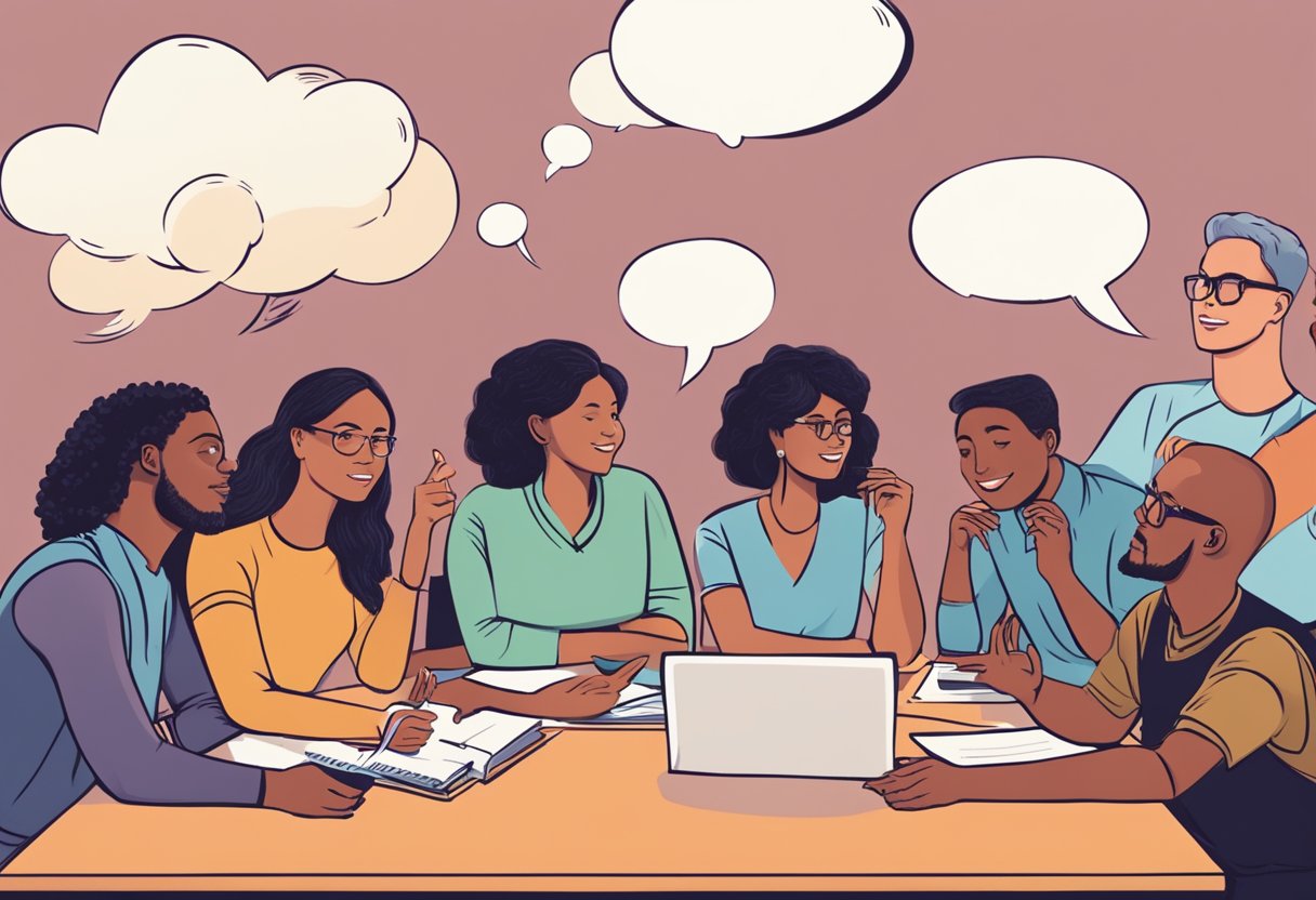 A group of diverse people sit around a table, engaged in lively conversation, with thought bubbles above their heads filled with ideas and questions