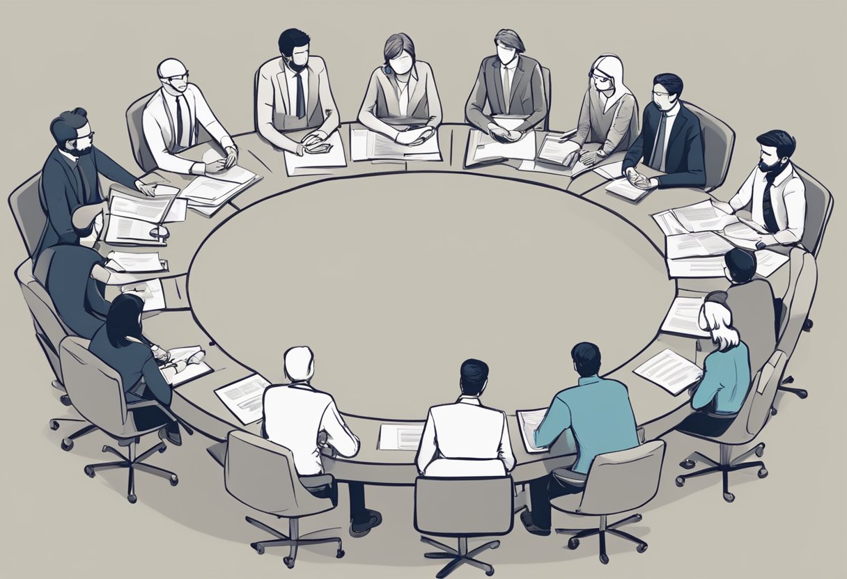 A group of people sit in a circle, exchanging ideas and opinions on a discussion board. Papers and pens are scattered around as they analyze and impact each other's responses