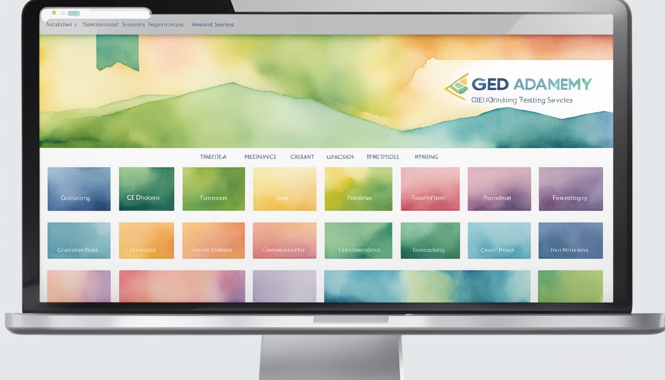 The GED Academy 10 Online Testing Services logo displayed on a computer screen with a clean, modern interface and easy-to-use navigation