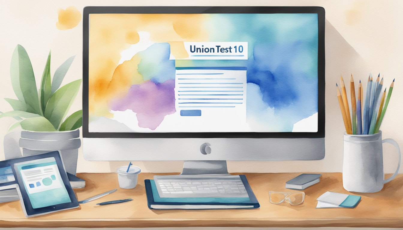 A computer screen displays "Union Test Prep 10 Online GED Testing Services" with a clean and modern interface