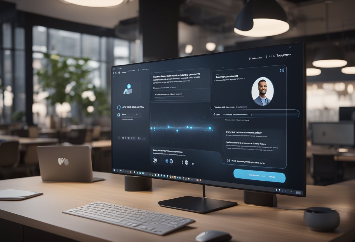 AI Voice in Customer Service: A computer screen displays a live chat conversation. An AI voice responds to customer inquiries with speed and accuracy. The interface is sleek and modern, with seamless integration of AI technology