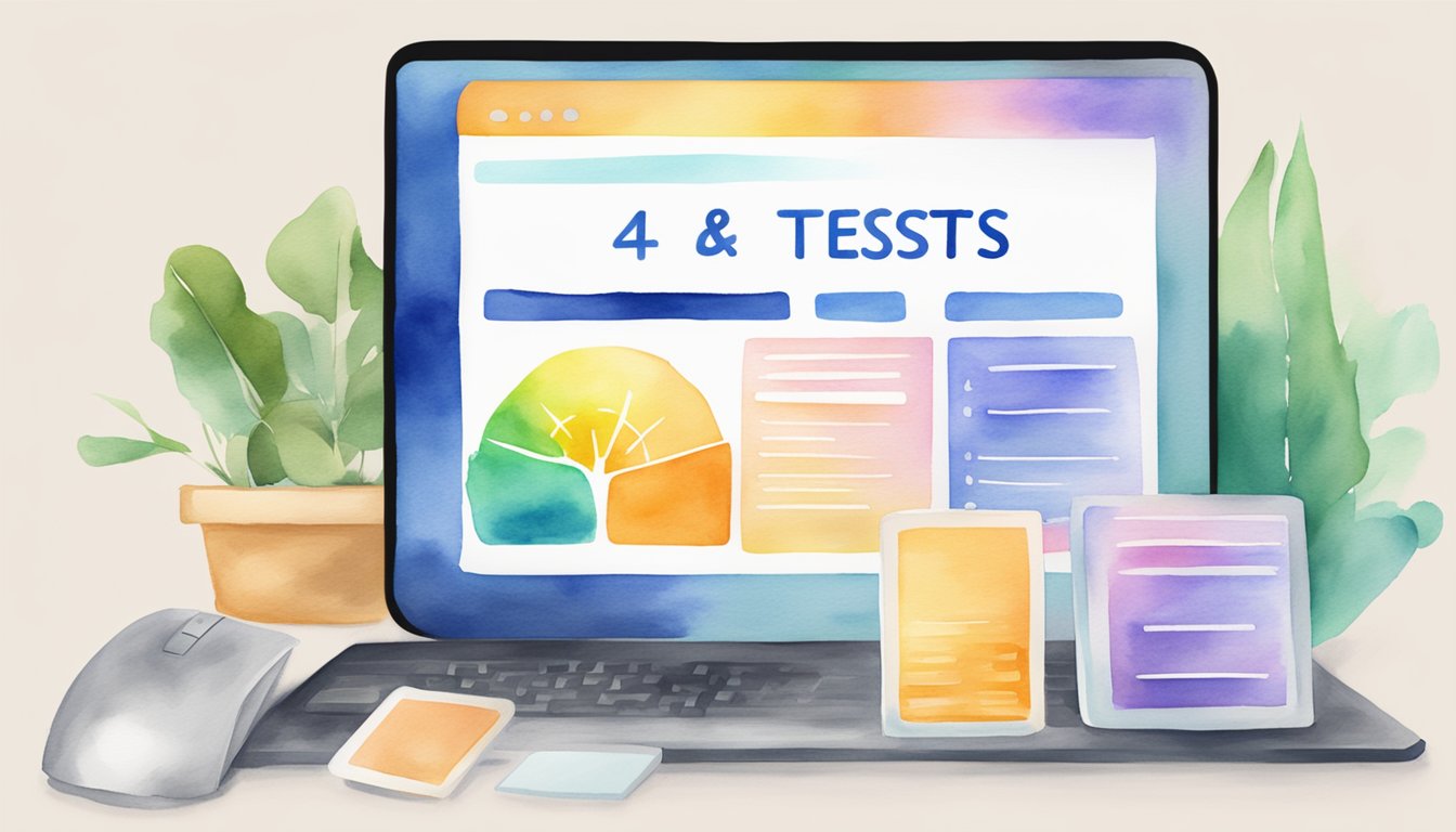 A computer screen displaying "4Tests.com 10 Online GED Testing Services" with a mouse and keyboard nearby