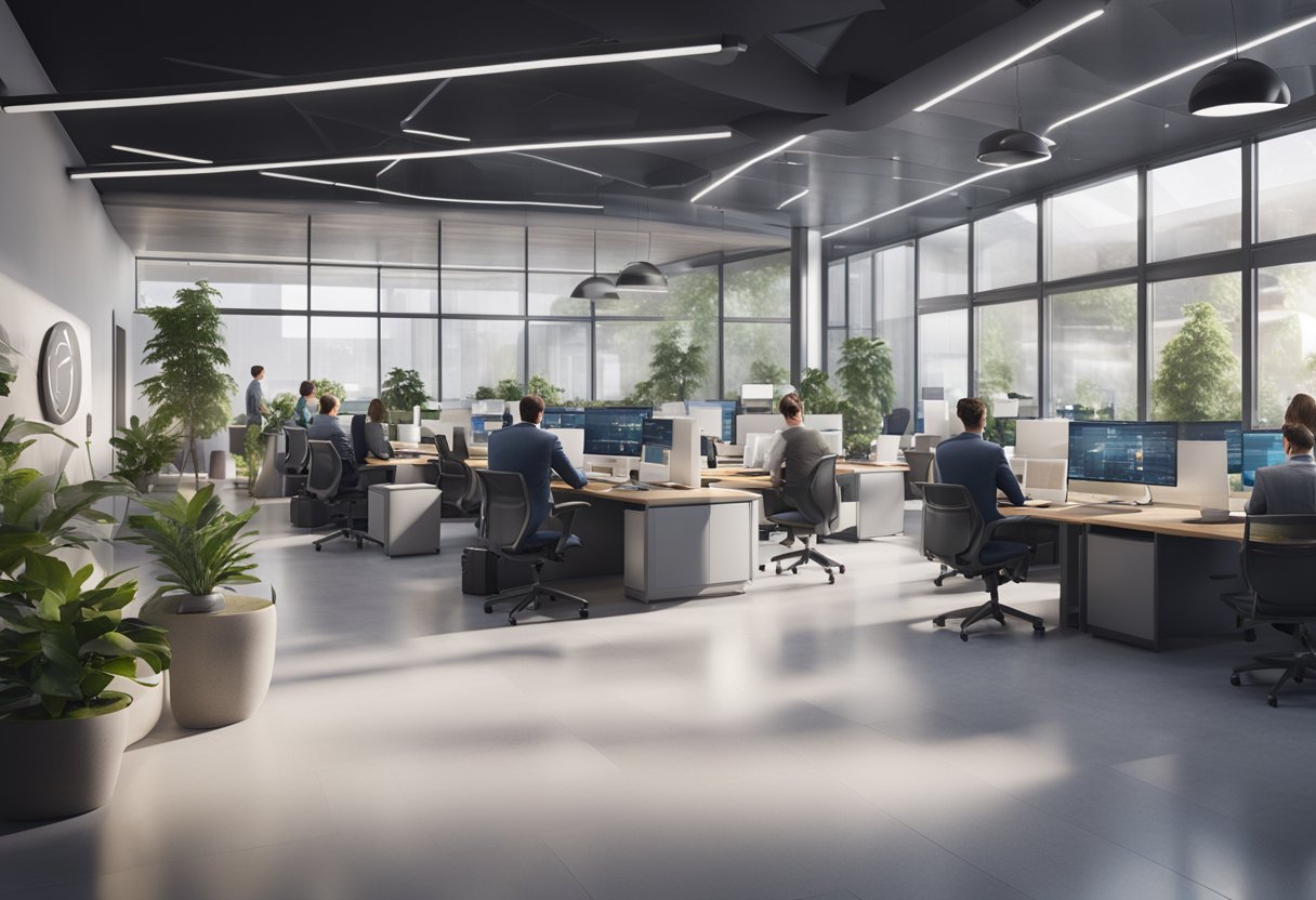 A bustling customer service center with AI voice technology assisting clients from various industries. Bright, modern office space with employees collaborating and utilizing live chat for efficient communication