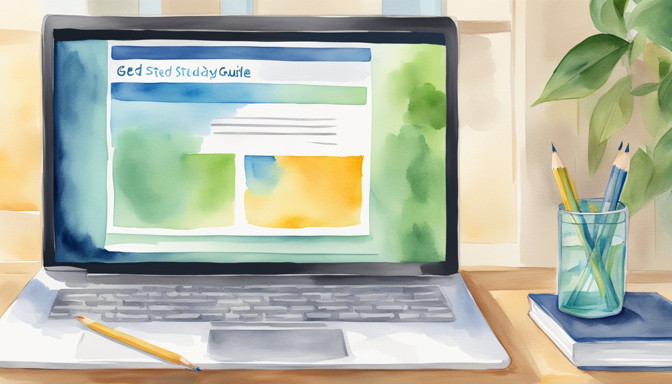 A computer screen displaying the GED Study Guide Zone 10 website with a pencil and notebook nearby for online GED testing services