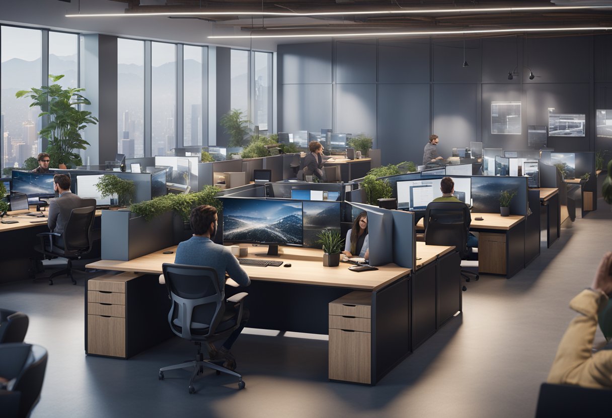 A bustling office with employees at their desks, working on computers. AI voice chat solutions logos prominently displayed