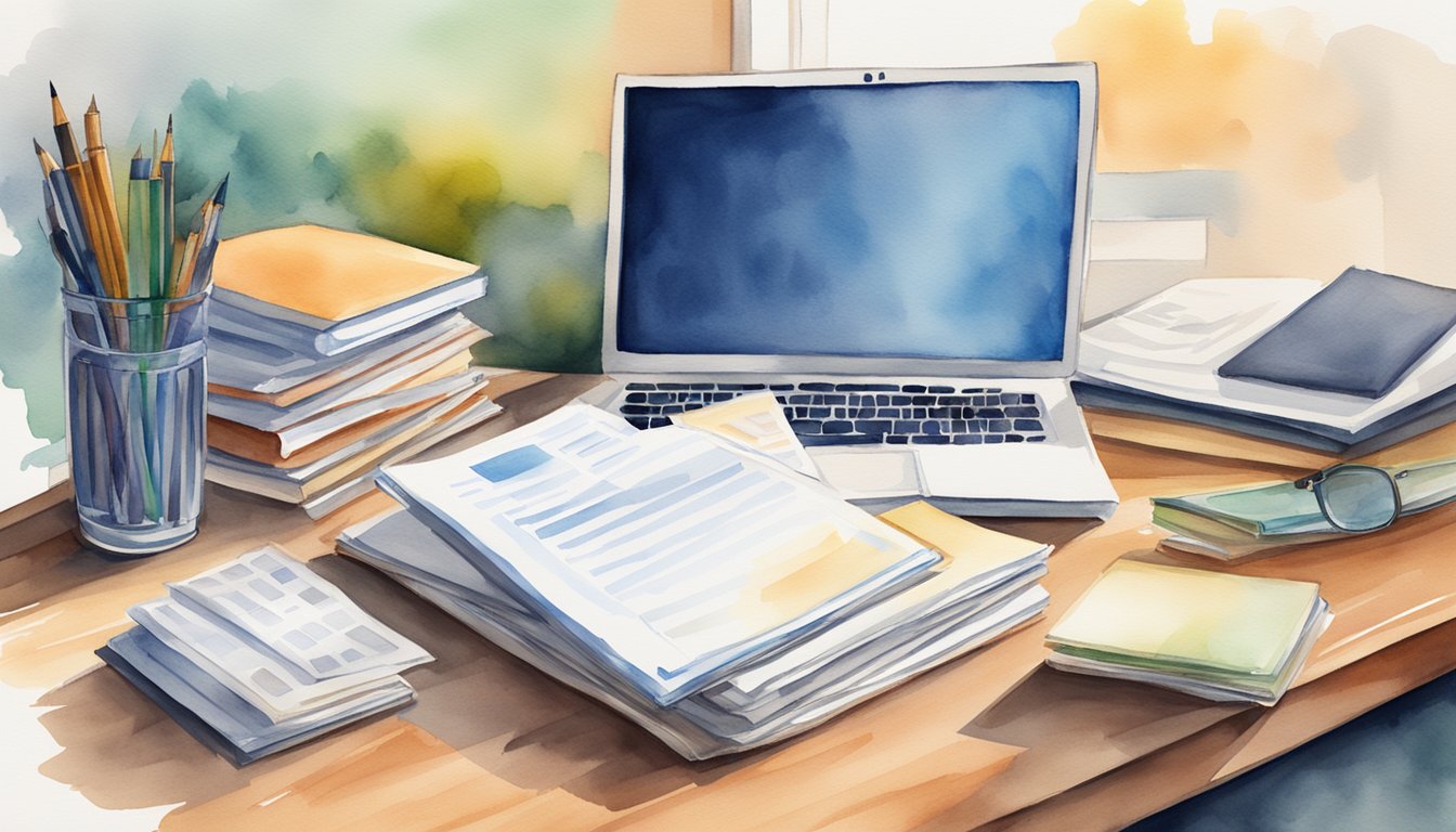 A desk with a laptop, pen, and paper.</p><p>A stack of resumes and law school applications.</p><p>A checklist with 10 steps