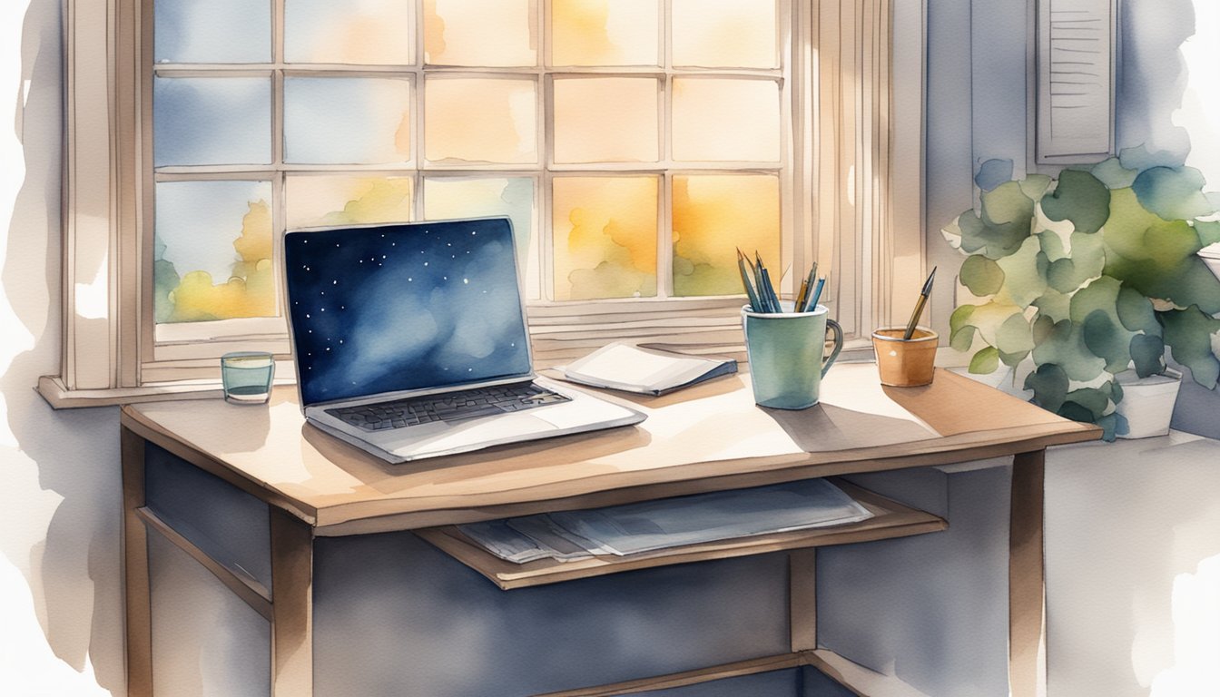 A desk with a laptop, pen, and completed application forms.</p><p>A calendar and checklist on the wall.</p><p>Light from a window illuminates the scene