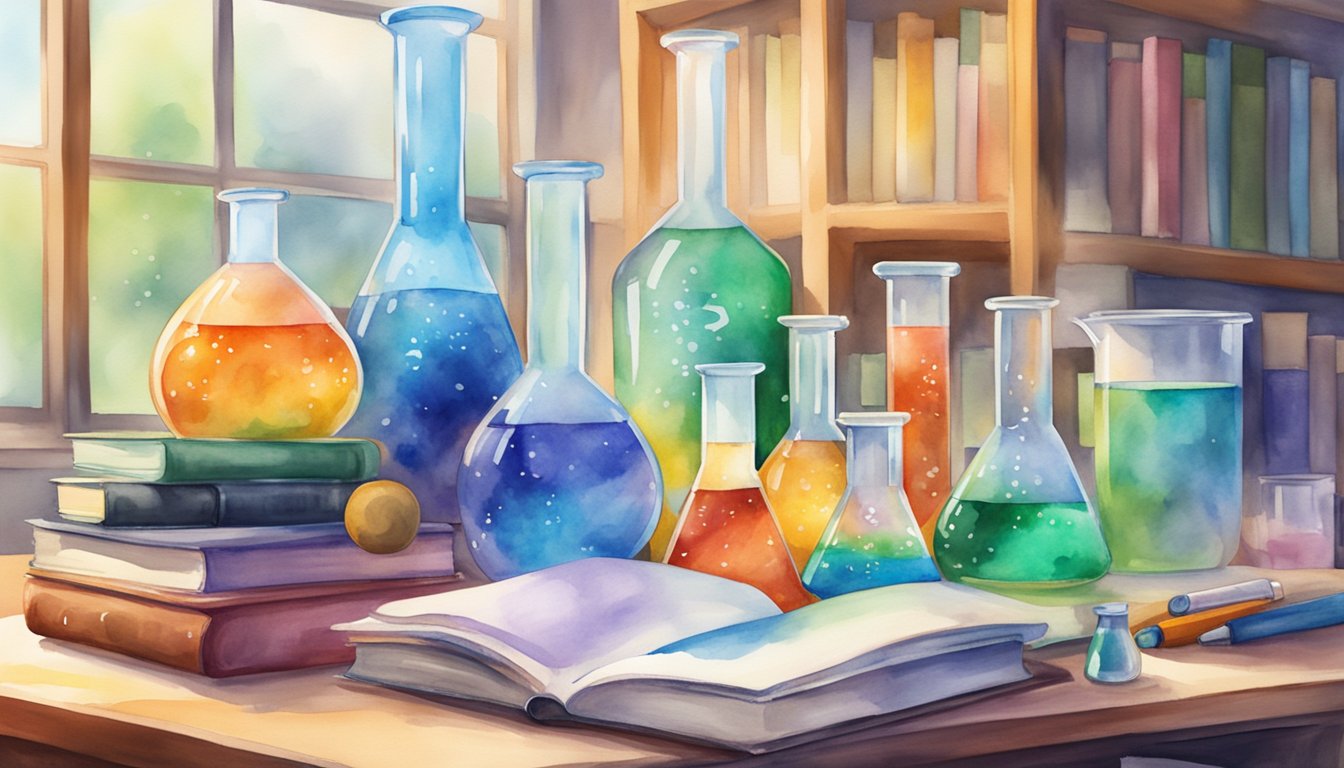 A colorful array of science textbooks, beakers, microscopes, and lab equipment arranged on a table with a Varsity Tutors logo in the background