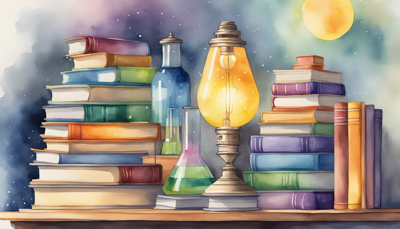 A colorful array of science books and educational materials arranged neatly on a desk, with a bright lamp illuminating the space