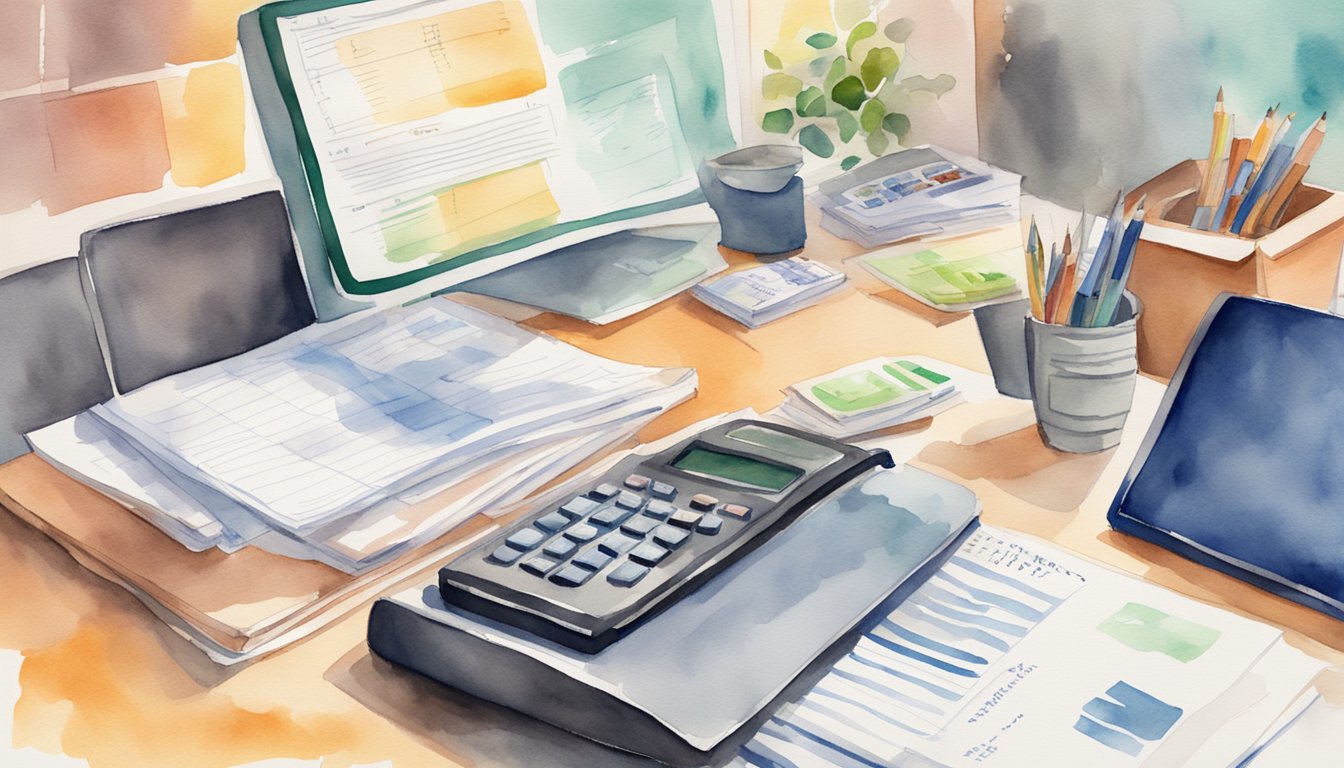 A desk with a computer, calculator, and FAFSA paperwork.</p><p>A parent sits, filling out forms, while a guidebook lays open beside them