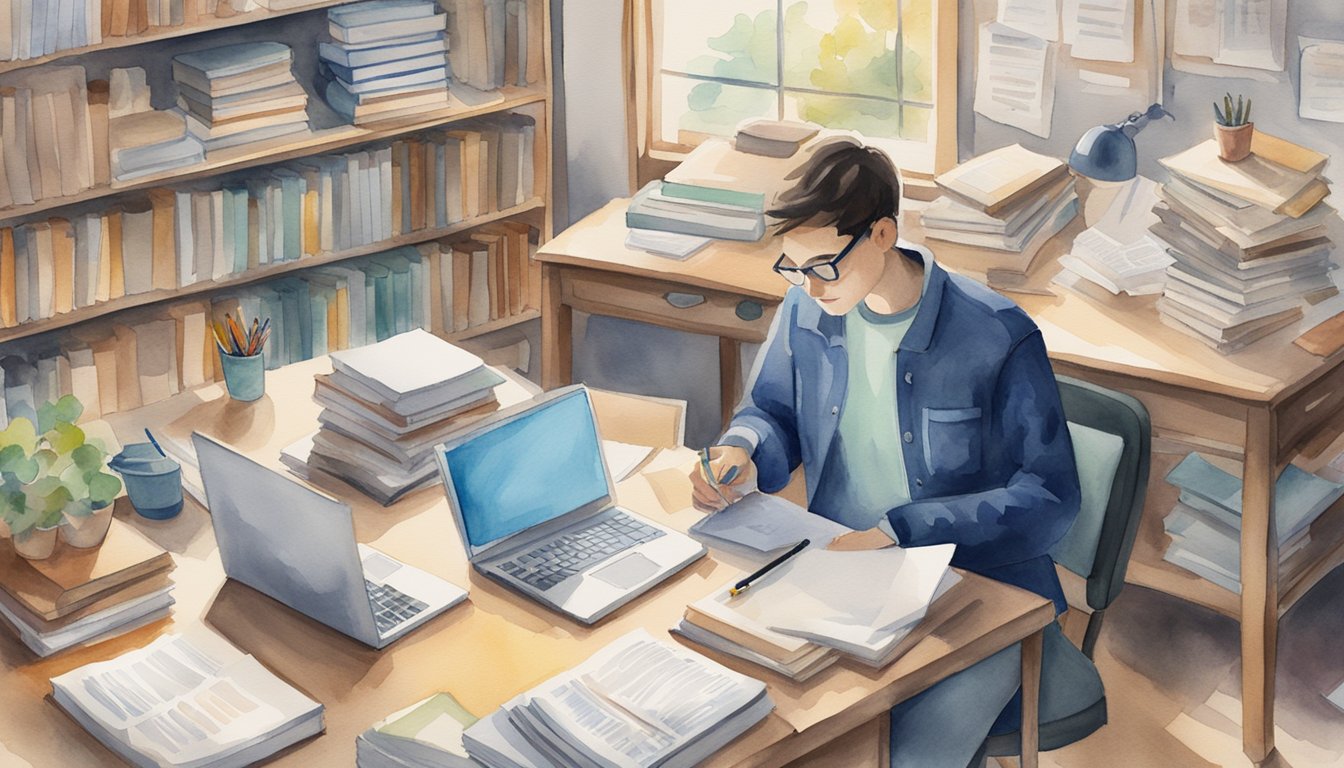 A person researching colleges, surrounded by books, laptops, and notes, with a checklist of "10 Strategies for Transferring Colleges Smoothly" visible on the desk