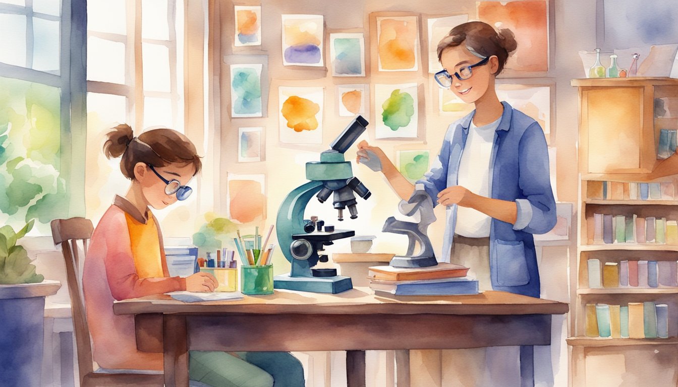 A cozy classroom with science books, microscopes, and colorful educational posters.</p><p>A friendly tutor helps a student with a science experiment at a table