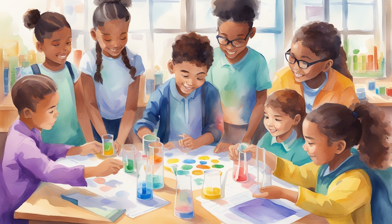 A group of students eagerly engage in hands-on science experiments at Club Z! Tutoring, surrounded by colorful charts and educational materials