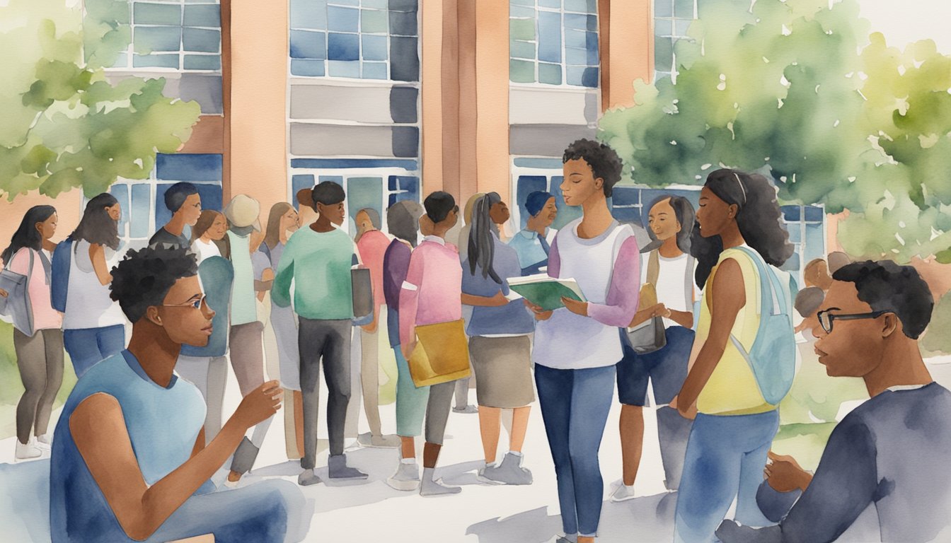 A diverse group of students gather in front of a community college, discussing various strategies for paying for college without loans.</p><p>The campus is bustling with activity, and the students are engaged in lively conversation