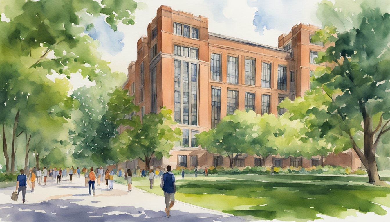 The iconic red brick buildings of Northwestern University's Kellogg School of Management stand tall against a backdrop of lush greenery, with students bustling in and out of the entranceways