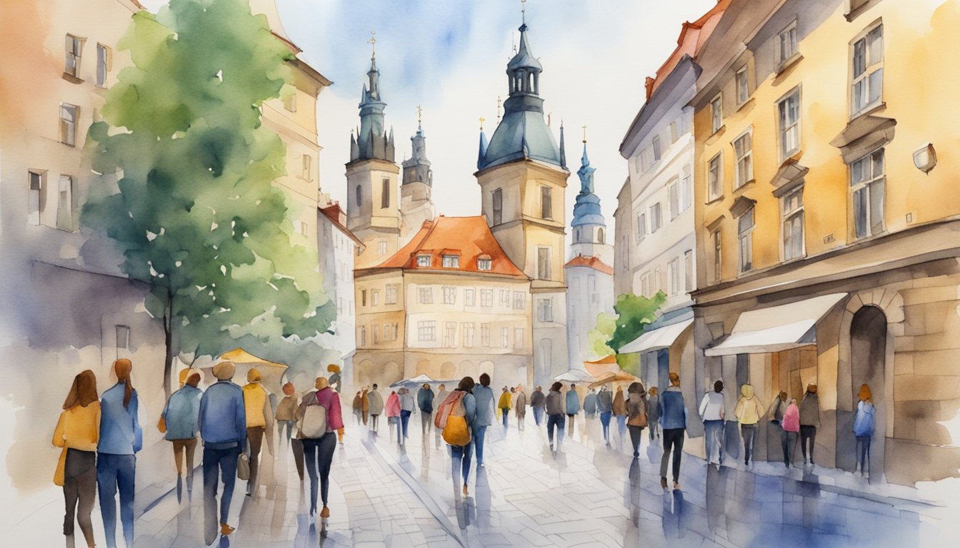 A bustling street in Prague, with colorful buildings and cobblestone roads.</p><p>A mix of traditional and modern architecture, with students exploring the city