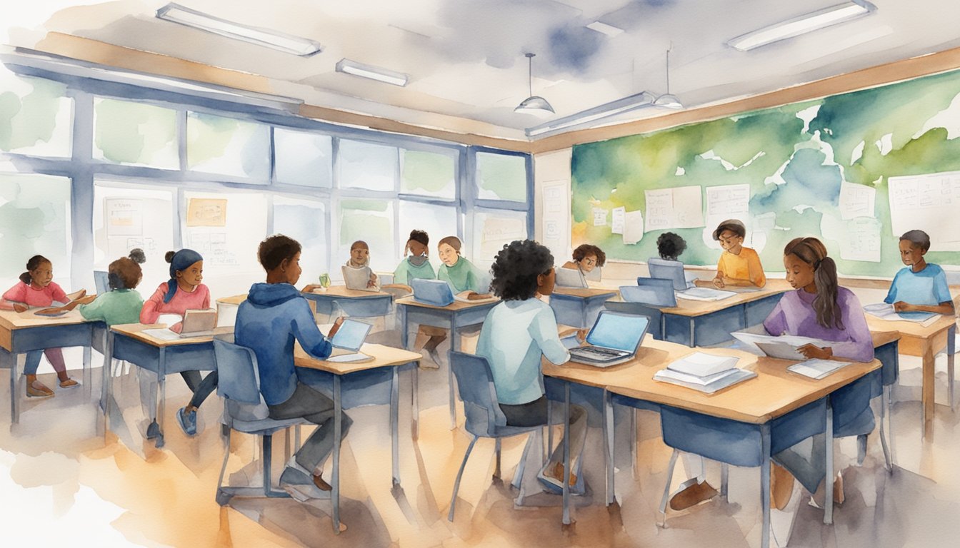 A bustling classroom with diverse students engaged in discussions, surrounded by modern technology and resources.</p><p>The atmosphere exudes professionalism and collaboration