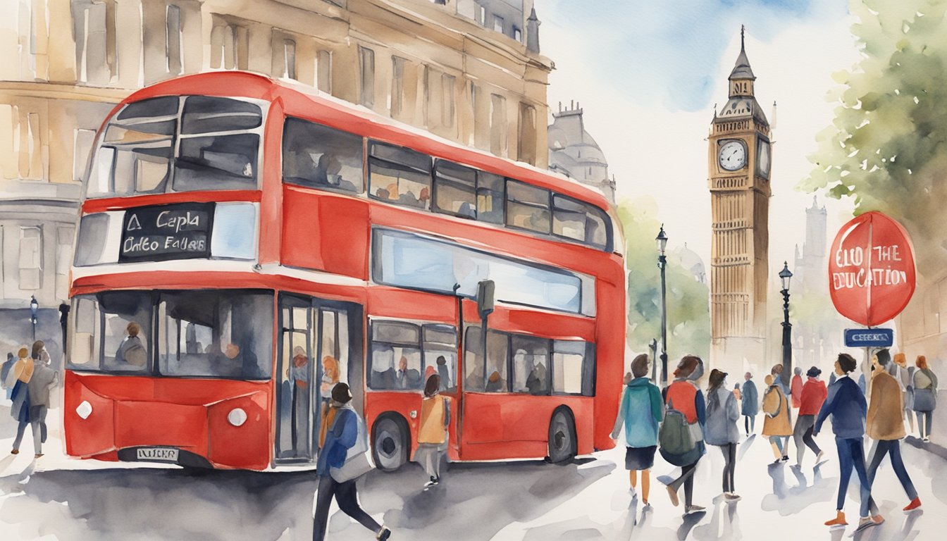 A bustling London street with a prominent sign for CAPA The Global Education Network.</p><p>Students of various nationalities walk by, carrying books and chatting excitedly.</p><p>The iconic red double-decker buses and historic architecture frame the scene