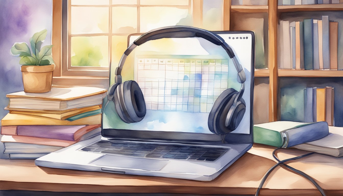 A laptop with books, a calendar, and a headset on a desk.</p><p>A diploma hanging on the wall.</p><p>A virtual classroom on the screen