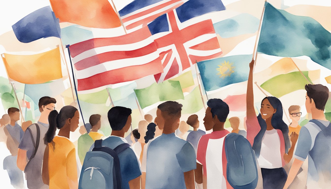 A diverse group of students from around the world studying and socializing on a university campus, with flags from different countries waving in the background